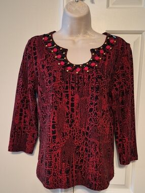 Ruby Rd. Red and Black Printed  Scoop Neck Top with Beaded Trim
